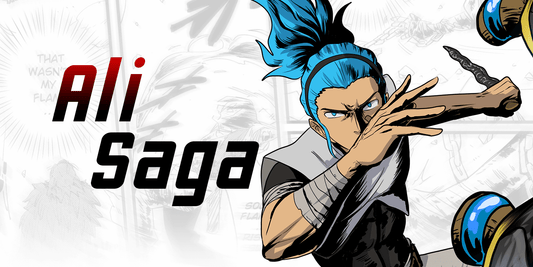 A character with blue hair and a weapon, with 'Ali Saga' text on a white background
