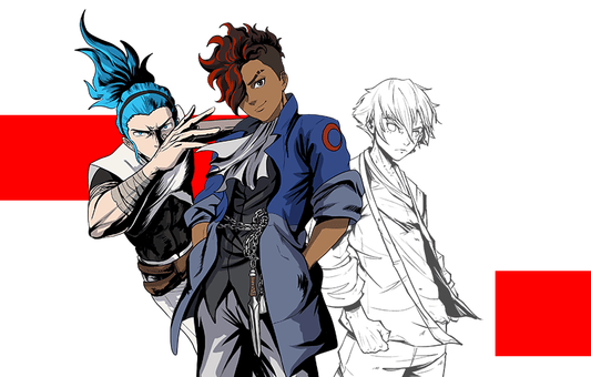 3 characters, Ali, Nitesun and Shino in front of a white background with red squares