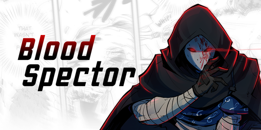 A character in a hooded outfit with 'Blood Spector' text on a white background