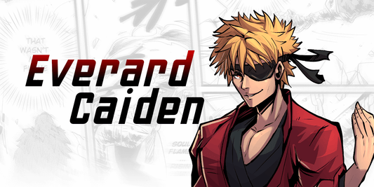 Manga like character with blonde hair and black bandana next to "Everard Caiden" text.