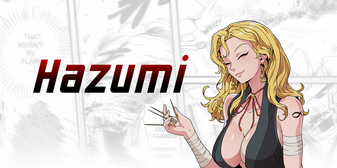 Anime female character with long blonde hair and a black top, holding a gold needles, with 'Hazumi' text above.