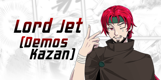 Animated character with red hair and a black outfit, with text 'Lord Jet Demos Kazan' on a white background.