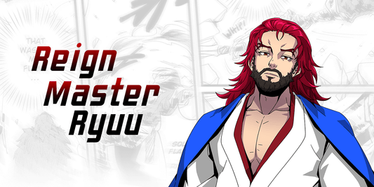 A character with red hair and beard, wearing a white and blue outfit, with 'Reign Master Ryuu' text.
