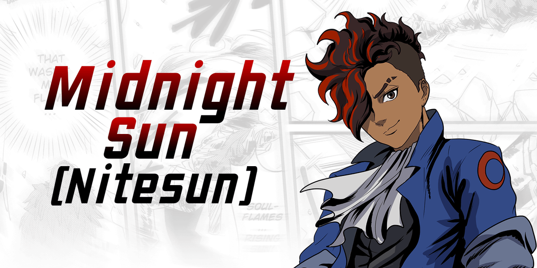 Manga boy with the text "Midnight Sun" and "Nitesun" standing in front of a white manga panel