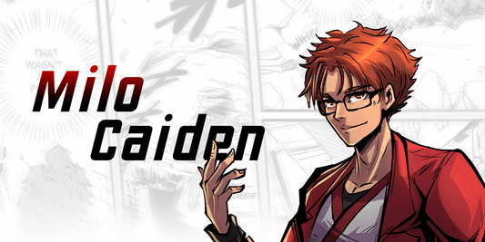 Animated character with copper hair and glasses, wearing a red jacket, on a white background with 'Milo Caiden' text.