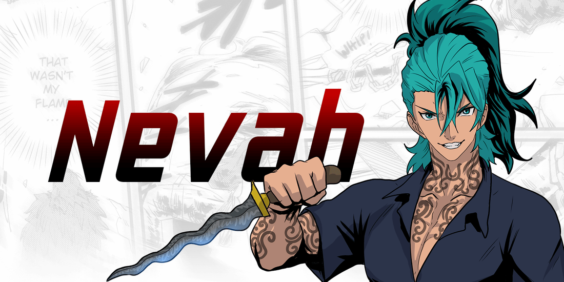 Animated character with teal hair and tattoos holding a sword, with 'Nevah' text.