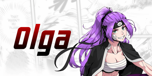 A female anime character with purple hair and black outfit on a white background with 'Olga' text.