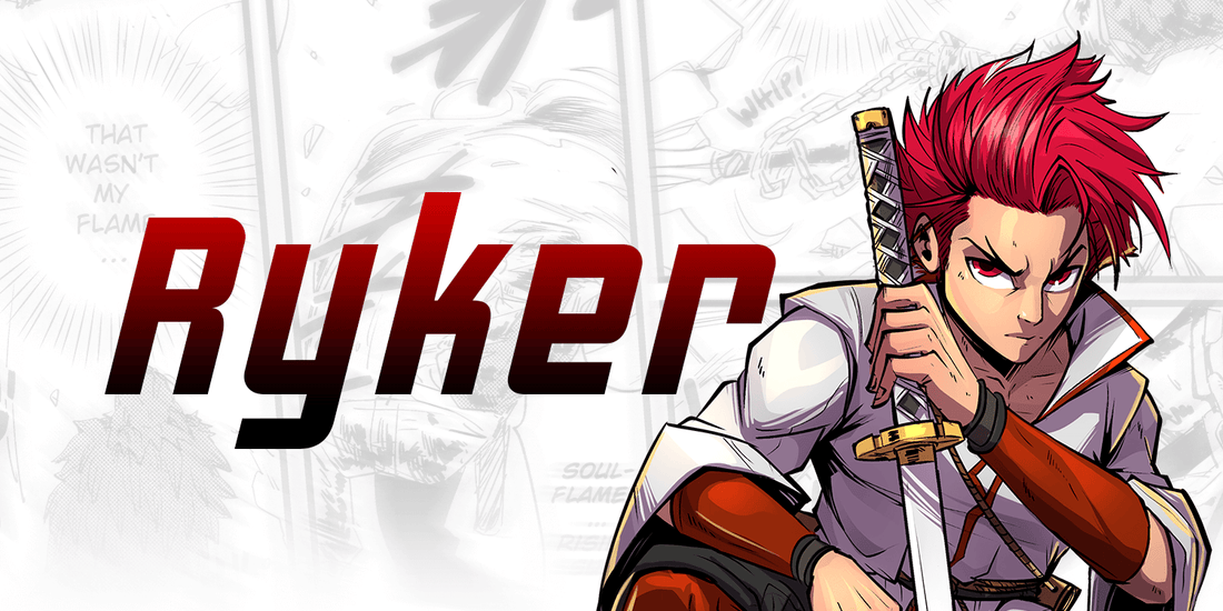 Anime character with red hair holding a sword, with 'Ryker' text above.