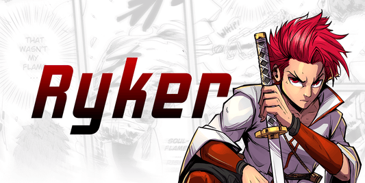 Anime character with red hair holding a sword, with 'Ryker' text above.