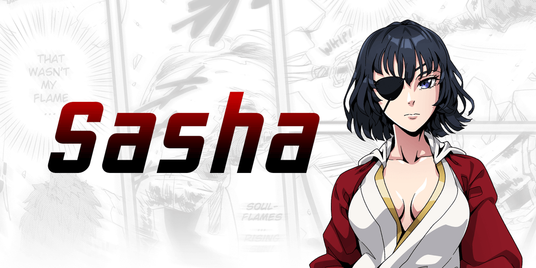 Anime character with the name 'Sasha' displayed in bold letters on a white background.