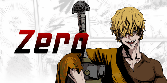 Anime character holding a weapon with 'Zero' text on a white background