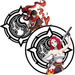 Two animated characters with red hair and swords in a stylized design.