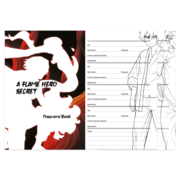 Password book with anime-themed cover and character illustration on a white background
