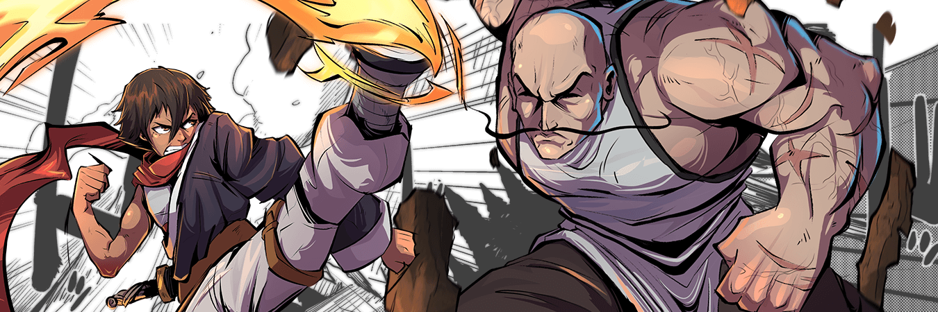 Shino and Toukon fighting on a comic background