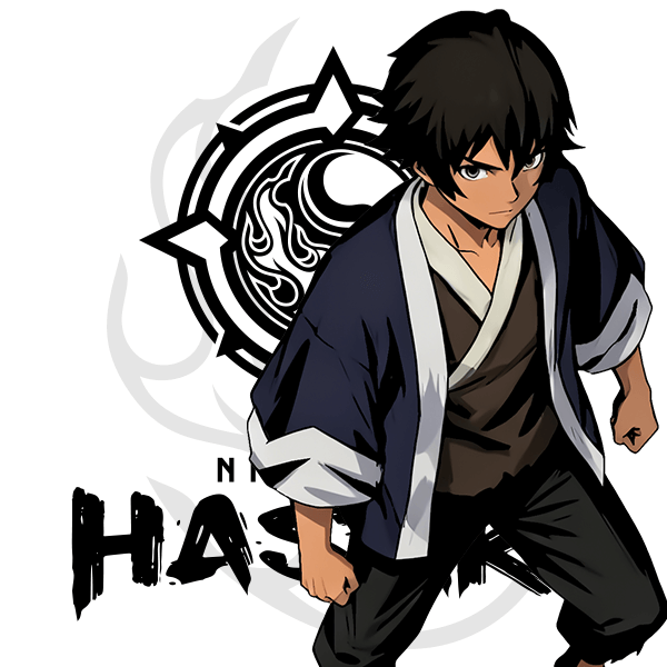 Shino in traditional attire with a stylized logo in the background