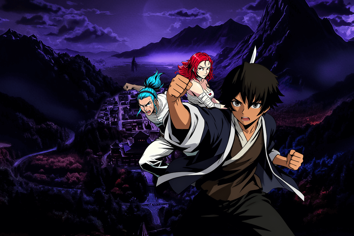 Three animated characters in a dramatic pose against a mountainous night sky.