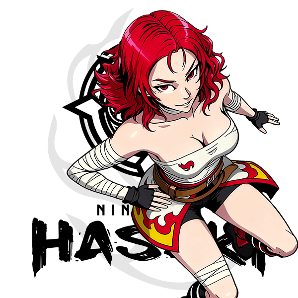 Lady Vesta with red hair and a sword, wearing a white top and black gloves, on a white background.